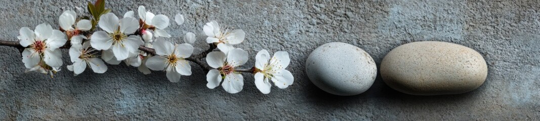 Fototapeta premium Zen-Inspired Rock and Flower Arrangement on Matte Gray for a Tranquil, Spa-Like Atmosphere