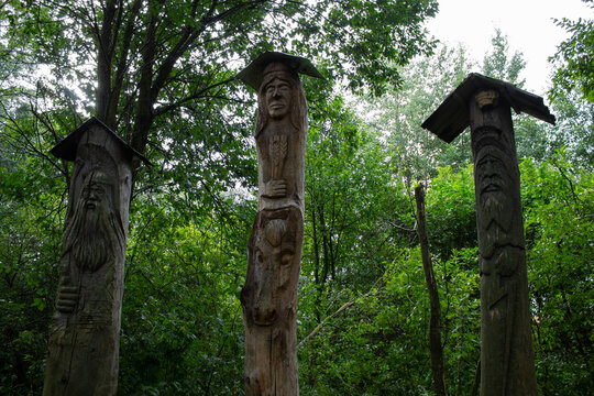 Wooden totems of Slavic pagans Gods. Nordic culture, old faith. Belarus tradition. Perun Odin Wotan Svarog Makosh idols in forest.