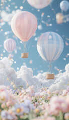 Obraz premium Pastel Hot Air Balloons Over Floral Field in Fantasy Scene