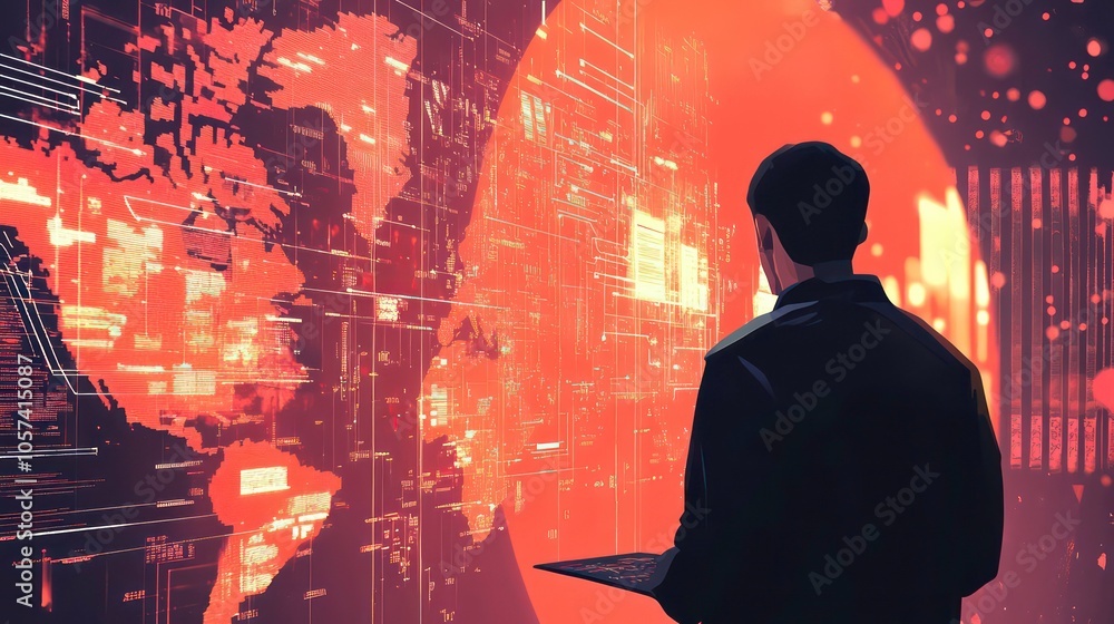 Poster A person observes a digital world map with data visualizations, suggesting technology and analysis.