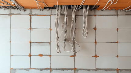 Exposed electrical wires hanging from an unfinished ceiling with orange insulation and tiled wall under construction