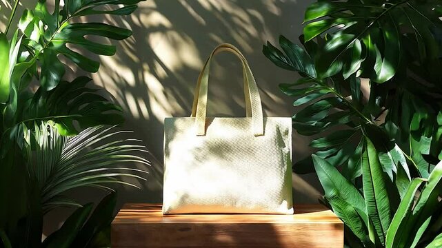 A beige canvas tote bag mockup on wooden product display podium with nature leaves background, Eco friendly totebag mock up made of natural cotton. Reusable shopper ecobag canvas for design	
