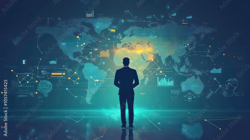 Poster A silhouette of a businessman in front of a digital world map with data visualizations.