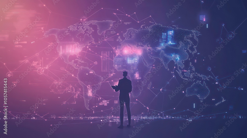 Poster A silhouette of a person analyzing a digital world map with data connections.
