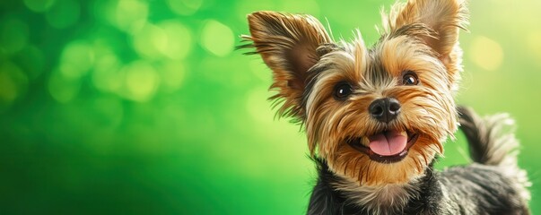 Naklejka premium Small terrier with a wagging tail on a solid orange background, lively and playful