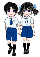 A pair of small children wearing matching uniforms.