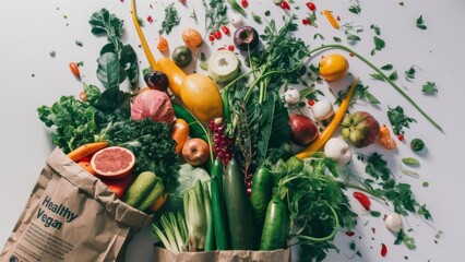 Fototapeta premium Paper bag contains many types of fresh vegetables.