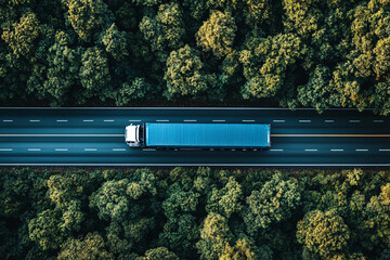 top view of blue truck driving on a road through green forest. Aerial view with symmetrical tree arrangement. Shipping and transportation concept