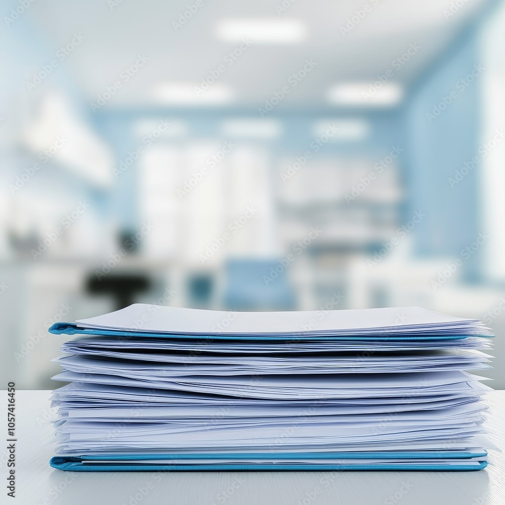 Poster a stack of documents on a table in a modern office setting, showcasing an organized yet busy workspa