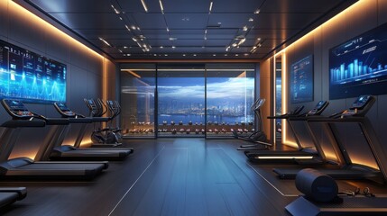High-tech gym with advanced fitness equipment and digital screens