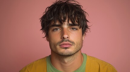 Obraz premium Capturing the essence of modern masculinity a portrait of a young man against a soft pink background emphasizing natural beauty and individuality in contemporary photography