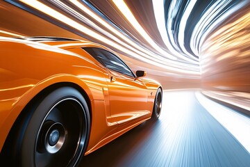 Fast orange sports car driving through a brightly lit tunnel at high speed during nighttime