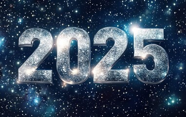 Ultra-realistic, high-detail close-up of the numbers "2025" in silver, glowing letters set against a starry space background with galaxies