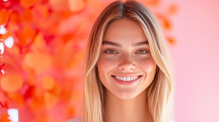 Fototapeta premium Radiant smile capturing the joy of beauty against a vibrant background of orange hues and cheerful atmosphere