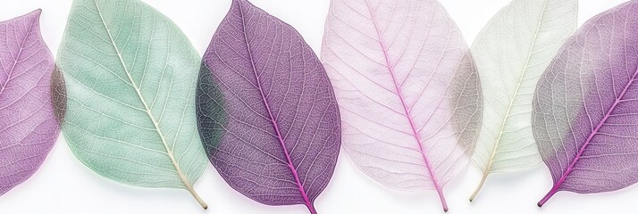 Pastel Skeleton Leaves on White Background, Delicate Floral Arrangement, Natures Beauty