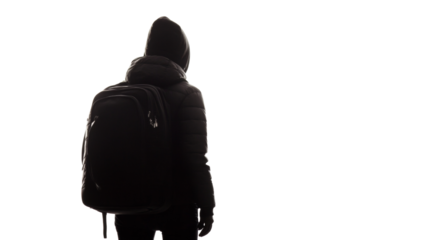 Passenger silhouette with luggage back view, isolated transparent background