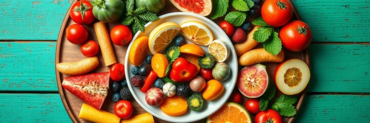 A colorful mix of fresh fruits beautifully arranged in a plate on a wooden table, flat lay, summer