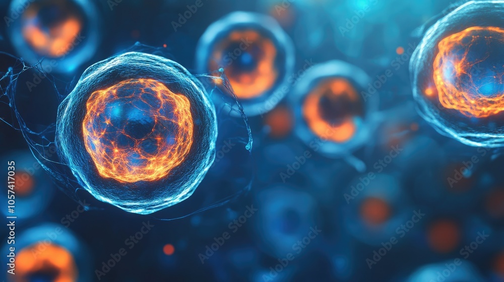 Poster Abstract image symbolizing regenerative biotech, with glowing cells regenerating under a vibrant, dynamic light pattern
