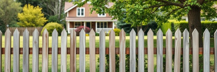 A peaceful garden with a wooden picket fence, lush greenery, and blooming flowers on a sunny spring day, house, hedge