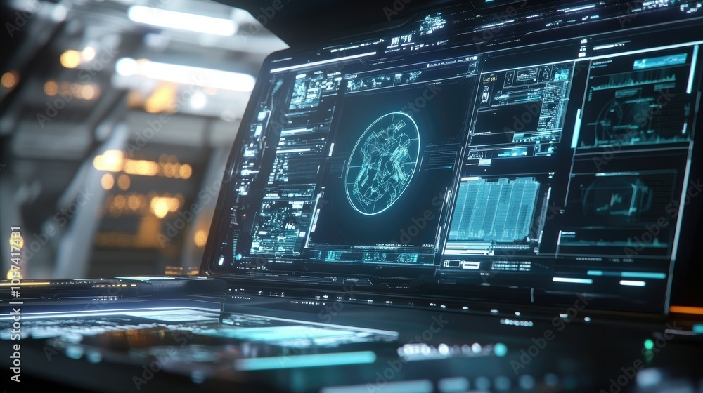 Poster Advanced AI interface analyzing complex data in the background of a futuristic lab