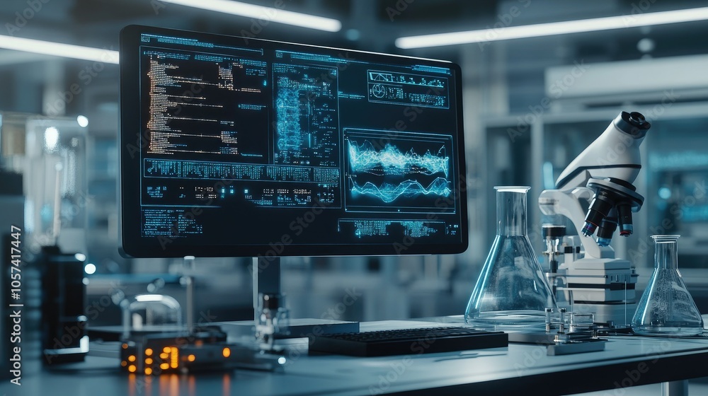 Poster Advanced AI interface analyzing complex data in the background of a futuristic lab