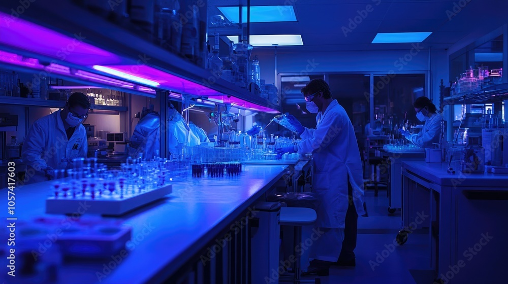 Aufkleber advanced biotech lab with scientists working on synthetic tissue cultures under blue laboratory ligh