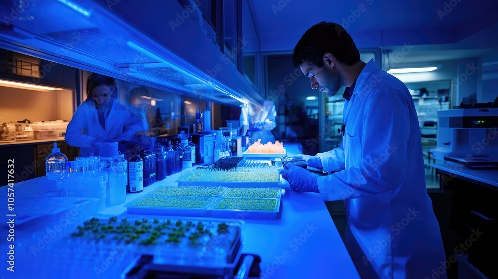 Aufkleber advanced biotech lab with scientists working on synthetic tissue cultures under blue laboratory ligh