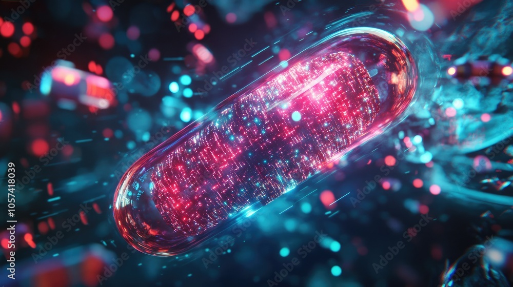 Poster advanced medicine pill with digital data flowing around, symbolizing ai in healthcare
