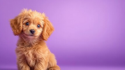 Tiny poodle with fluffy ears on a solid lavender background, cute and elegant