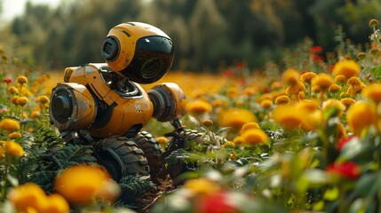 Futuristic Robot Dog in a Field of Yellow Flowers