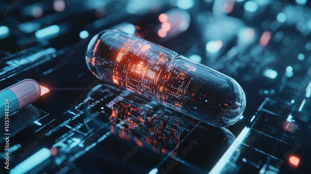 Aufkleber ai-concept pill with futuristic tech patterns, representing future healthcare innovation