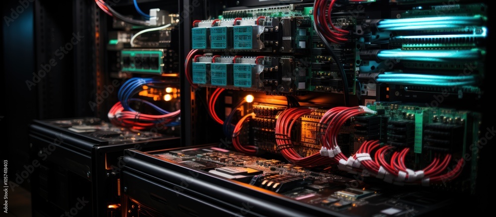 Poster a close-up view of server racks showcasing intricate wiring and electronic components.
