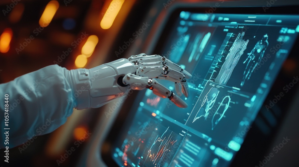 Poster ai-powered healthcare with robot hand hovering over digital patient information screen