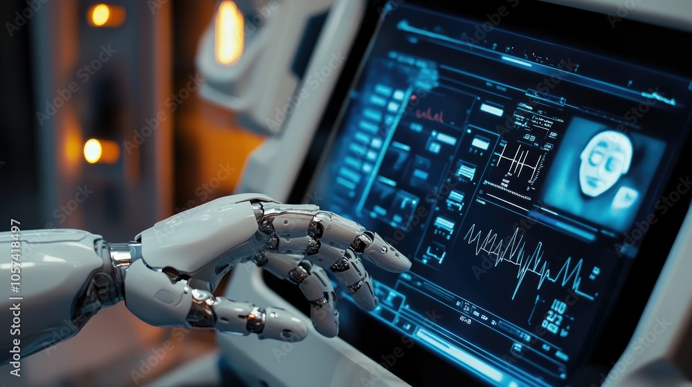 Poster ai-powered healthcare with robot hand hovering over digital patient information screen