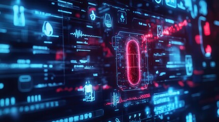 Obraz premium AI-enhanced medicine pill with health data icons, future healthcare technology concept