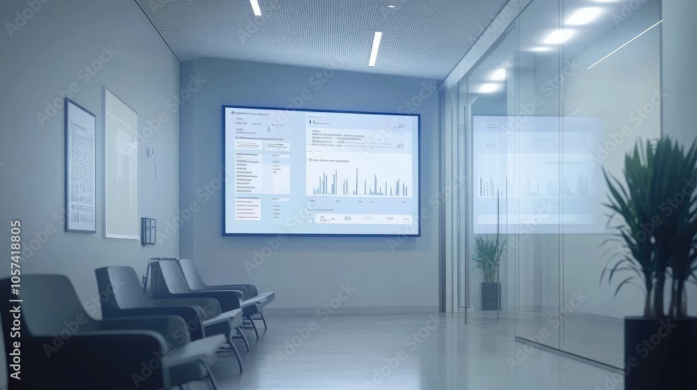 Aufkleber artificial intelligence integration in healthcare, data analysis on a large screen in modern clinic