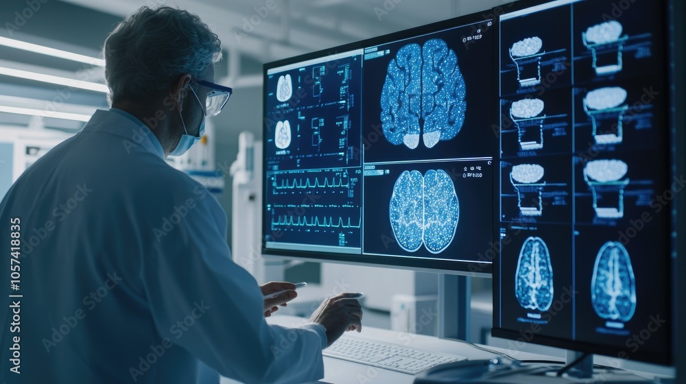 Poster Artificial intelligence integration in healthcare, data analysis on a large screen in modern clinic