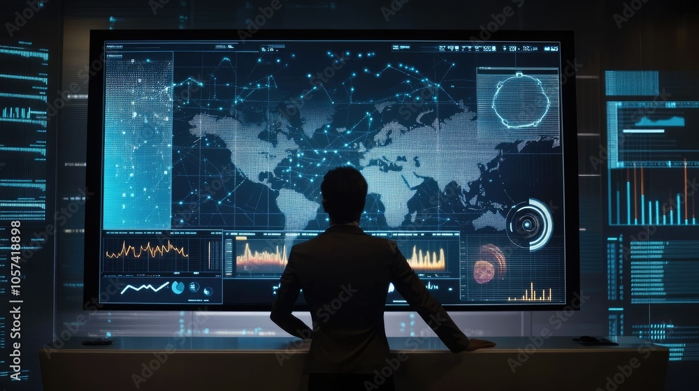 Poster Artificial intelligence integration in healthcare, data analysis on a large screen in modern clinic