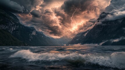 Fototapeta premium A brewing storm above a mountain lake, with waves and dark clouds, lightning illuminating the scene generative ai