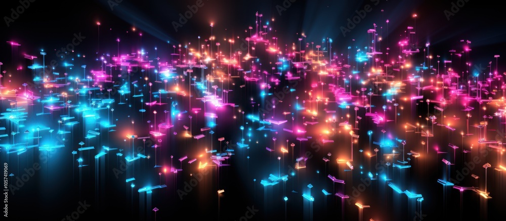 Poster a vibrant abstract representation of colorful lights and particles in a dark space.