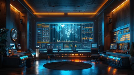 Futuristic Control Room Interior Design: Cyberpunk Office with Glowing Screens