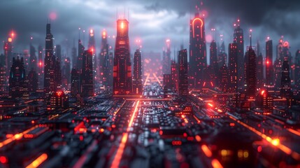 Fototapeta premium Futuristic Cityscape with Glowing Lights and Neon Signs