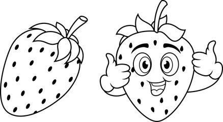 Cartoon cute strawberry fruit giving thumbs up line art