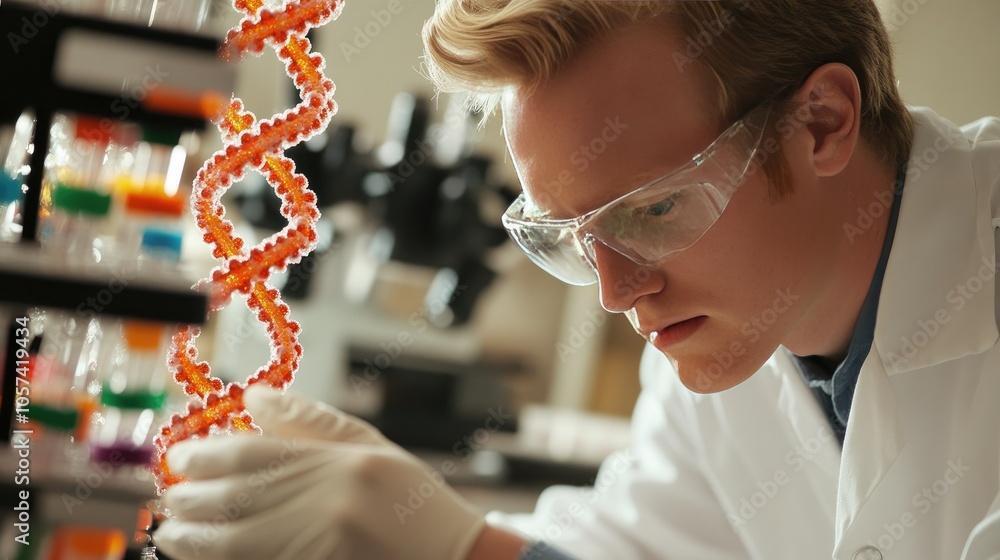 Aufkleber biotechnology lab with dna helix models and advanced scientific instruments; scientist studying samp