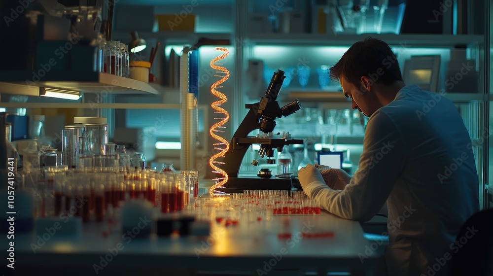 Leinwandbilder biotechnology lab with dna helix models and advanced scientific instruments; scientist studying samp