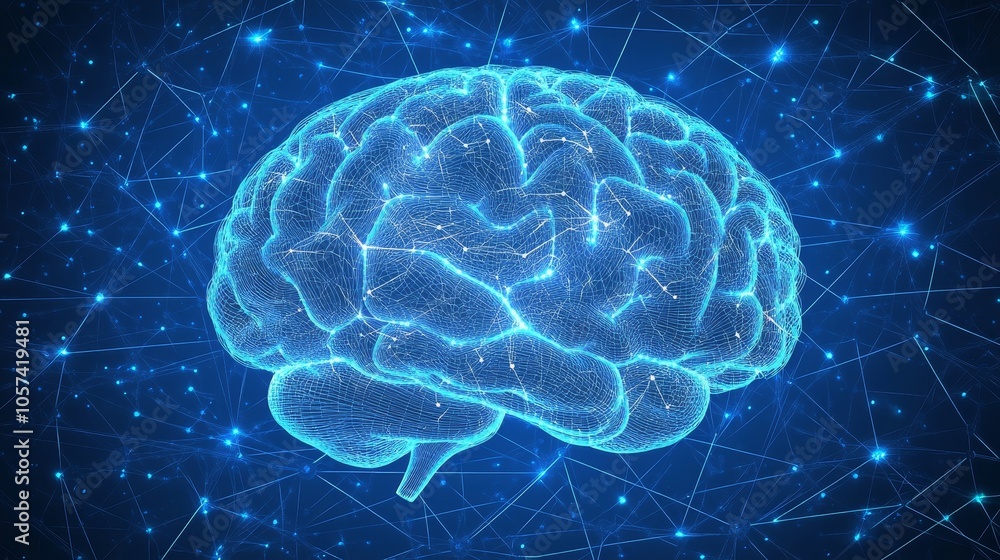 Poster abstract digital brain with glowing lines and dots, neural network on technological background