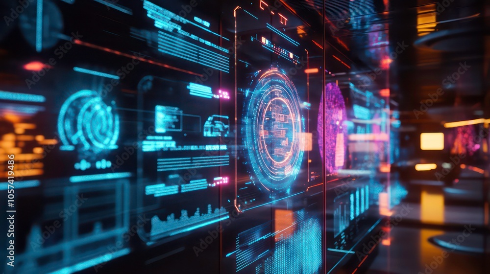 Aufkleber Futuristic interface displaying data visualizations and analytics in a tech environment.