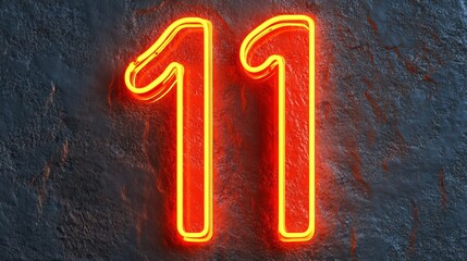 Neon Glowing Number Eleven, 11, Illuminated On A Dark, Textured Concrete Background With Copy Space.