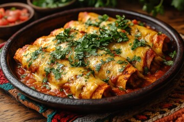 A delicious plate of enchiladas topped with cheese and cilantro, served with sauce.