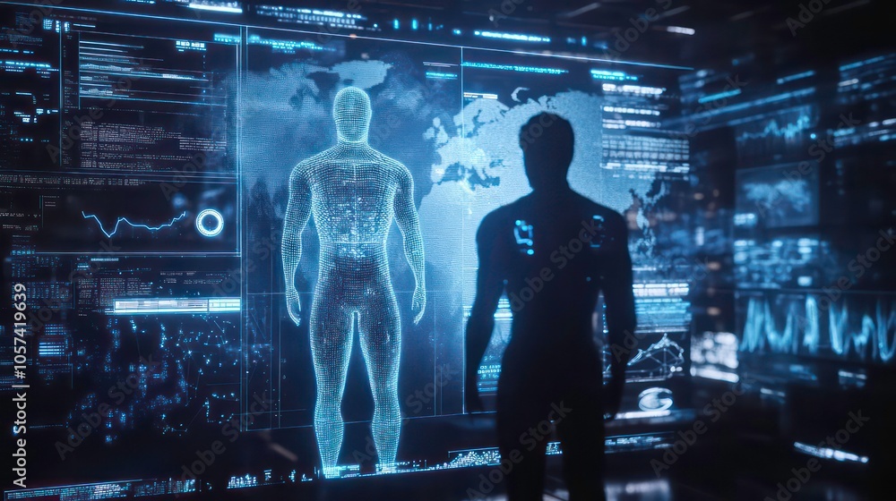 Poster a silhouetted figure interacts with a holographic human anatomy display in a tech environment.